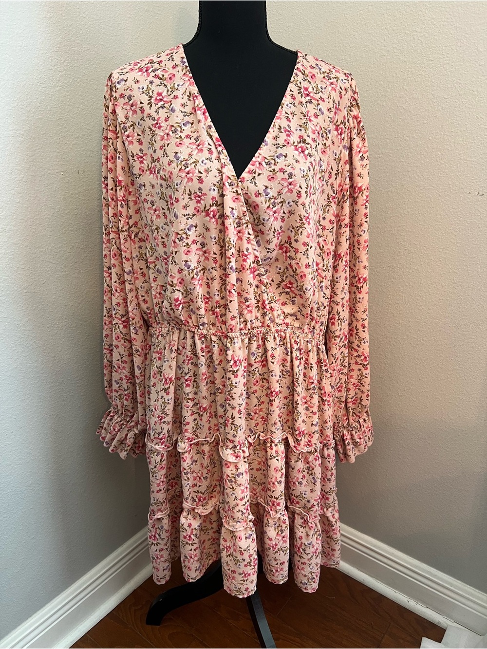 Inspired Hearts Pink Floral Tiered Ruffle V-Neck Dress